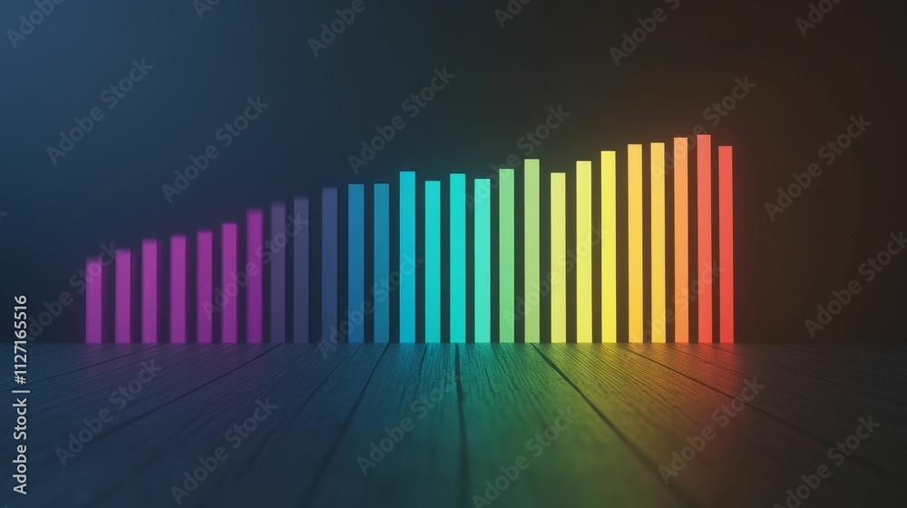 Rainbow bars ascend, illuminating dark floor. Rainbow bars ascend, illuminating dark floor.