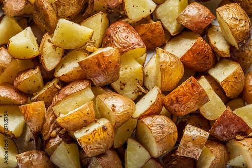 A photo of golden-brown, seasoned, and roasted diced potatoes
