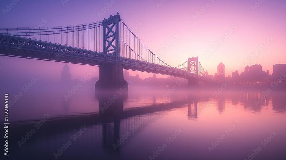 Philadelphia skyline with the Benjamin Franklin Bridge in the foreground during a misty sunrise Philadelphia skyline with the Benjamin Franklin Bridge in the foreground during a misty sunrise