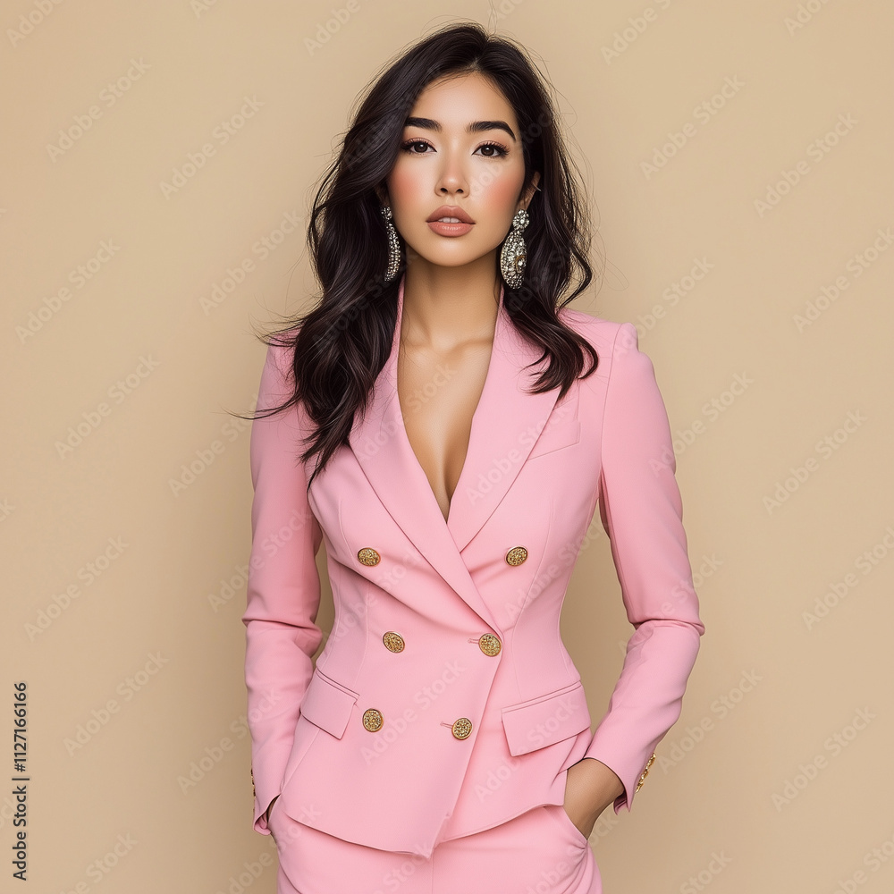 Elegant Woman in a Tailored Suit with Buttoned Jacket Posing Gracefully, Fashion Photography Highlighting Sophisticated Style
Elegant Woman in a Tailored Suit with Buttoned Jacket Posing Gracefully, Fashion Photography Highlighting Sophisticated Style