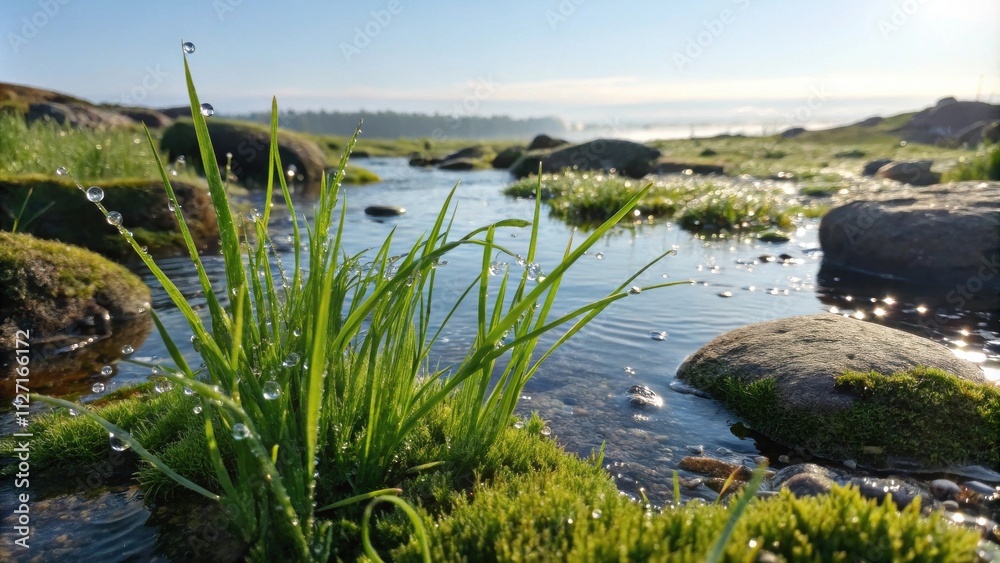 A cluster of dew-laden grass blades stand tall near a calm stream, their reflections dancing on the surface, a serene landscape of nature's artistry A cluster of dew-laden grass blades stand tall near a calm stream, their reflections dancing on the surface, a serene landscape of nature's artistry