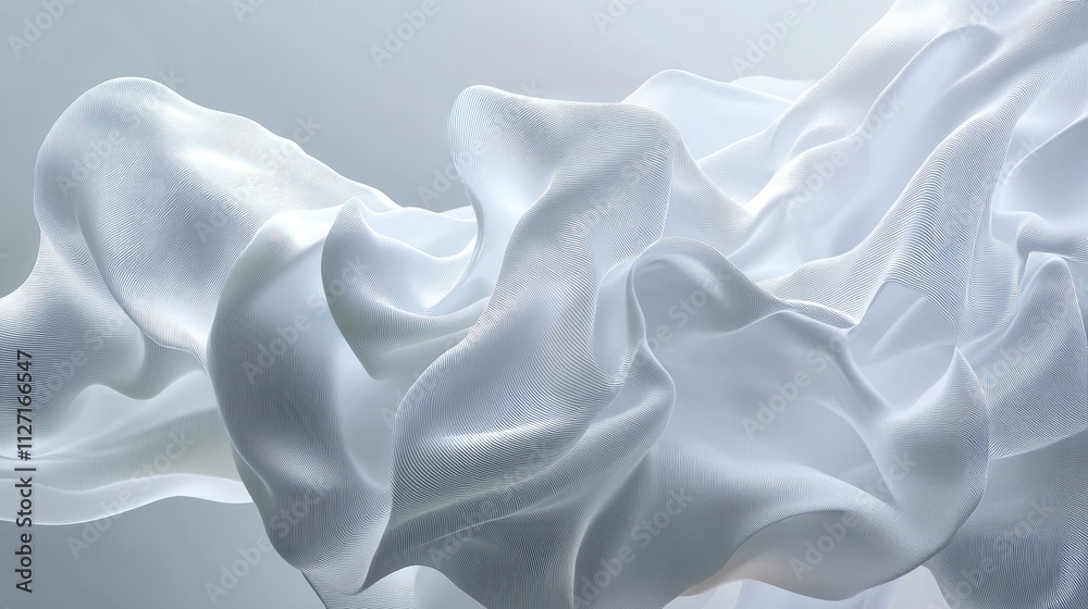 Obraz premium Abstract waving white lines forming a fluid structure, displayed on a plain white background, concept of movement and elegance. Generative AI