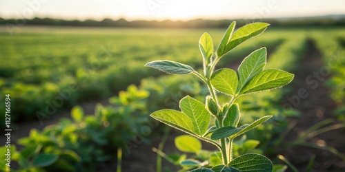 Close-up of a vibrant green soybean plant thriving in a sun-drenched field, showcasing its intricate leaf structure and the promise of a bountiful harvest.