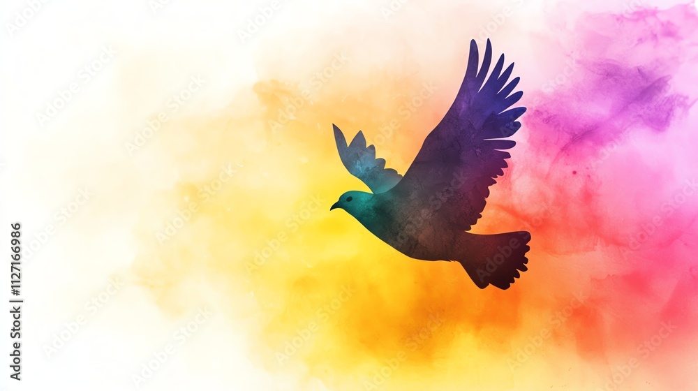 Fototapeta premium A colorful silhouette of a bird in flight, set against a vibrant, abstract background of swirling hues.