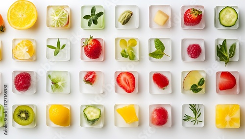 A grid of ice cubes with various fruits and herbs inside, arranged in an aesthetically pleasing pattern on a white background.