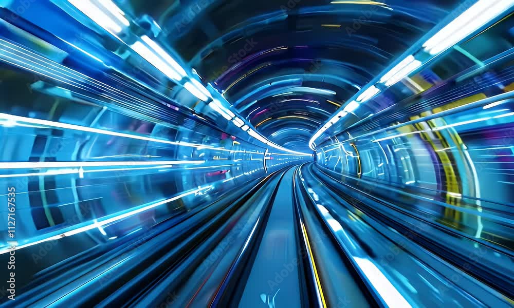 A dynamic view of a subway tunnel with vibrant blue lights and motion blur, conveying speed and movement.