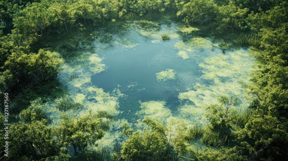 Aerial landscape of the lake and part of the green forest in a daylight. Aerial landscape of the lake and part of the green forest in a daylight.