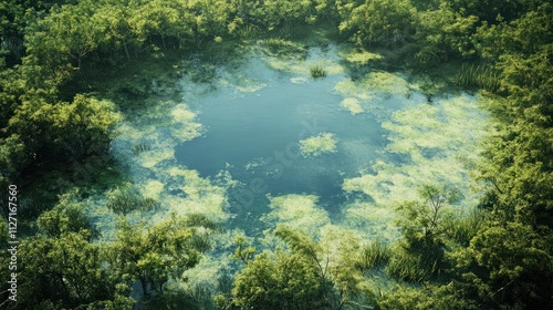 Aerial landscape of the lake and part of the green forest in a daylight.