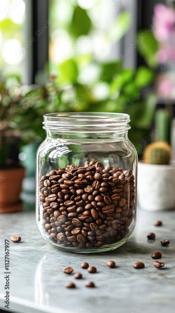 A glass jar filled with coffee beans, surrounded by greenery and a serene indoor setting. A glass jar filled with coffee beans, surrounded by greenery and a serene indoor setting.