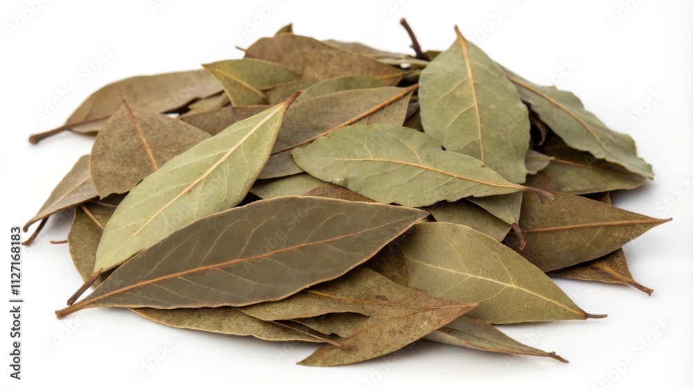 A collection of dried bay leaves, aromatic and earthy, arranged on a pristine white surface. A collection of dried bay leaves, aromatic and earthy, arranged on a pristine white surface.