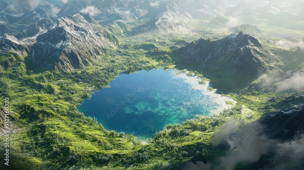 aerial view of the emerald lake in the mountain circus. National Park and natural attractions. Wilderness and outdoor recreation concept aerial view of the emerald lake in the mountain circus. National Park and natural attractions. Wilderness and outdoor recreation concept
