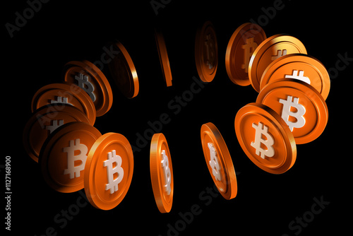 Bitcoin Btc 3D coins in motion forming an elliptical trajectory. High quality 3D rendering.