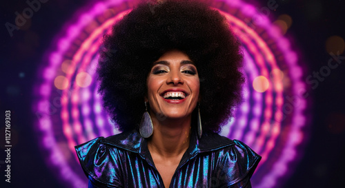 Radiant woman smiling in 1970s disco attire against vibrant light backdrop