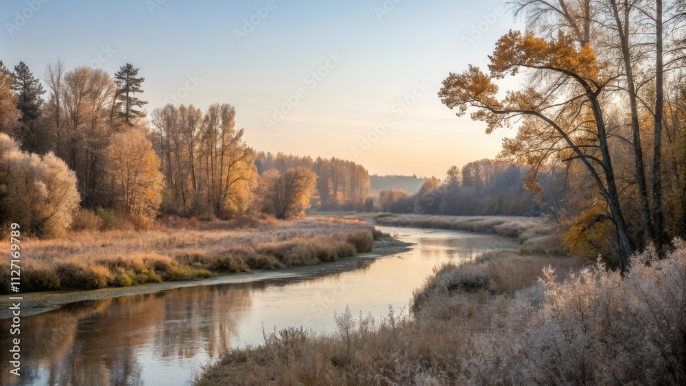 Serene River Winding Through a Forest at Dawn, with Golden Leaves and Frost on the Grass Serene River Winding Through a Forest at Dawn, with Golden Leaves and Frost on the Grass