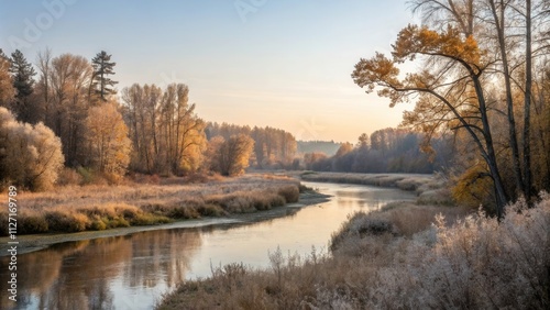 Wallpaper Mural Serene River Winding Through a Forest at Dawn, with Golden Leaves and Frost on the Grass Torontodigital.ca