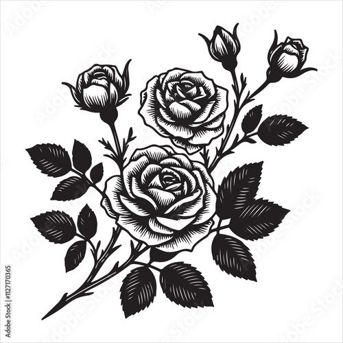 An illustration of a rose with leaves in black and white