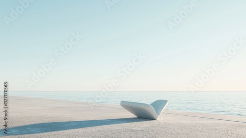 a photorealistic minimalist bench in the shape of a heart placed on a beach road under pale blue skies photo