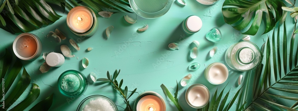 Spa candles and tropical leaves on a turquoise surface
