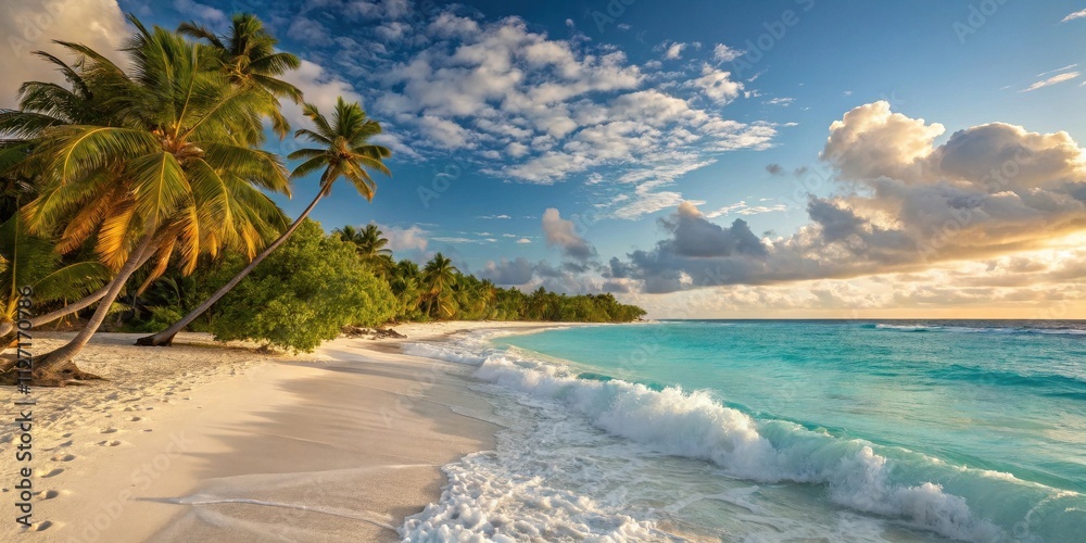 Tropical Paradise A Picturesque View of Palm Trees, White Sand, and Turquoise Waves Gently Rolling Onto Shore Tropical Paradise A Picturesque View of Palm Trees, White Sand, and Turquoise Waves Gently Rolling Onto Shore