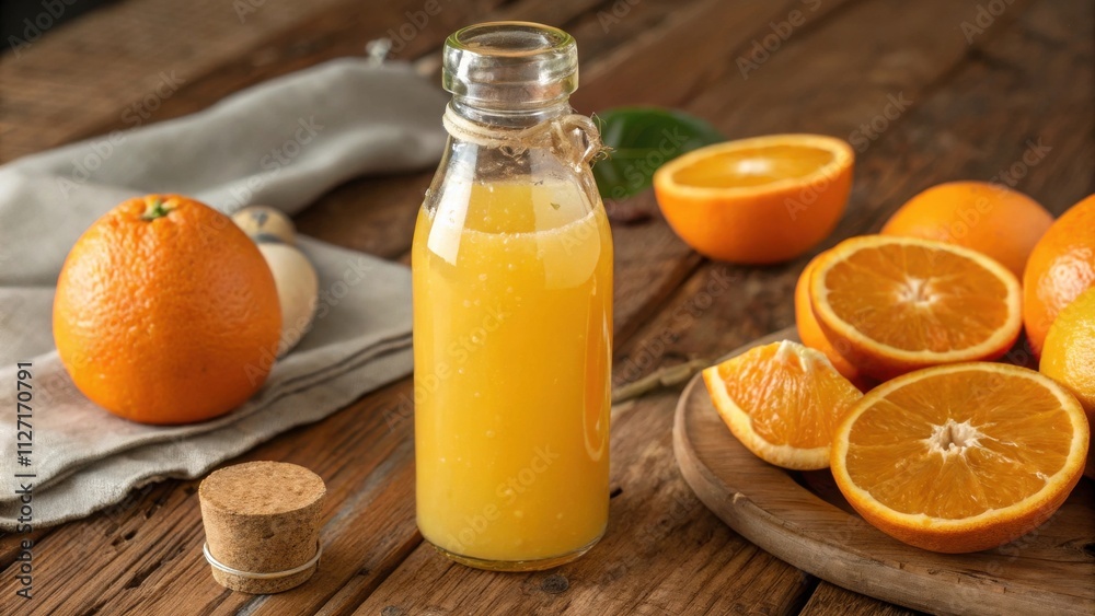 A glass bottle of freshly squeezed orange juice sits among whole and sliced oranges on a wooden table A glass bottle of freshly squeezed orange juice sits among whole and sliced oranges on a wooden table
