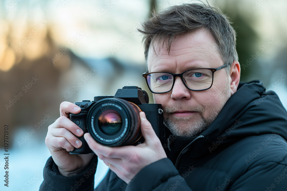 A professional photographer is holding a camera to prepare to take a picture. A professional photographer is holding a camera to prepare to take a picture.