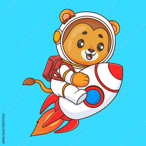 Cute lion astronaut riding rocket in space cartoon vector icon illustration animal science isolated