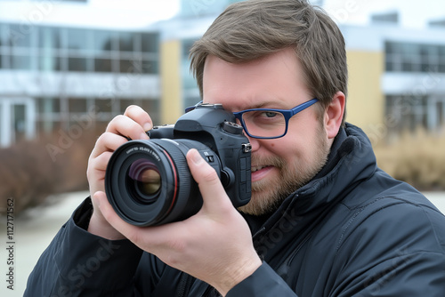 A professional photographer is holding a camera to prepare to take a picture.