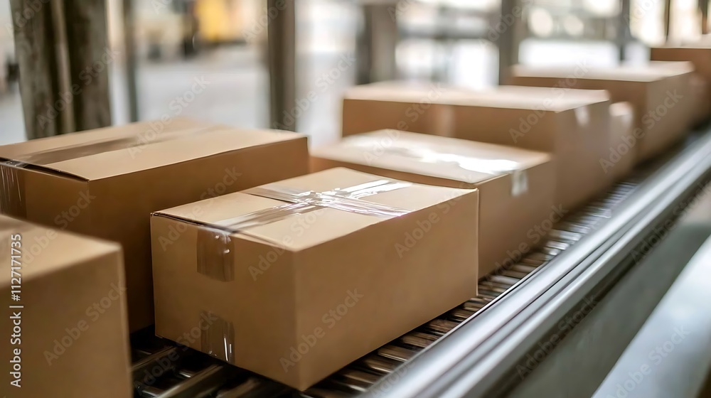 Conveyor Belt of Cardboard Boxes in a Warehouse Conveyor Belt of Cardboard Boxes in a Warehouse