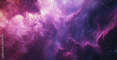 Leuchtender Nebel mit violetten und pinken Farbtönen im Weltall,  Detailed view of a cosmic nebula with luminous pink and gold tones photo