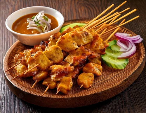 Delicious Malaysian Chicken Satay Skewers with Peanut Sauce and Garnish photo