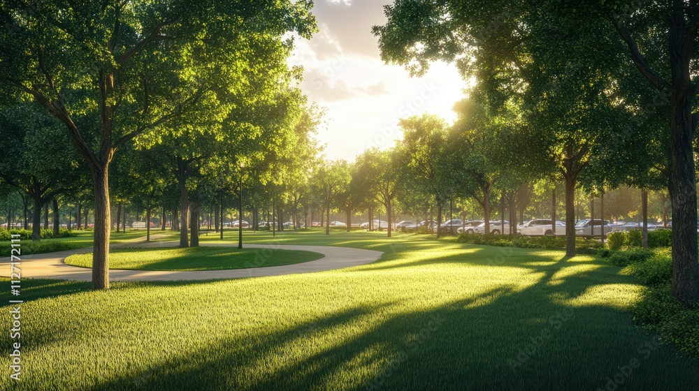 Beautiful view of urban park in Texas, America. Green grass lawn, huge pine trees and walking/running trail illuminated by sunshine alley during sunset. Parking lot in distance, composition of nature