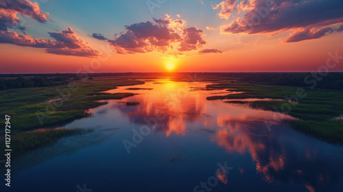 Wetlands aerial photo of a serene sunrise over reflective waters dotted with aquatic vegetation photo