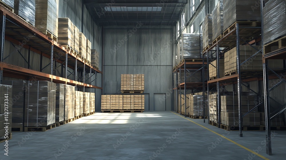 Vast Industrial Warehouse Interior: Rows of Cardboard Boxes on Metal Shelving Vast Industrial Warehouse Interior: Rows of Cardboard Boxes on Metal Shelving