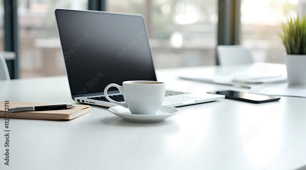 Modern Workplace Setup: Laptop, Coffee, and Notebook on a Clean White Desk, Ready for Work or Study Modern Workplace Setup: Laptop, Coffee, and Notebook on a Clean White Desk, Ready for Work or Study