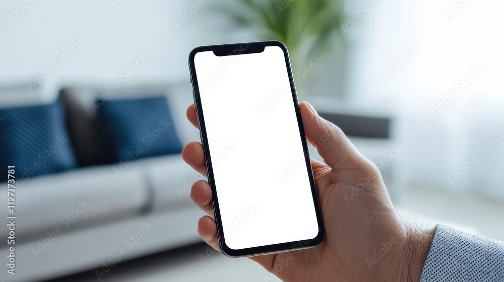 Hand Holding a Blank Mobile Phone Display in a Cozy Living Room Setting with Soft Natural Light and Modern Furniture Accents Hand Holding a Blank Mobile Phone Display in a Cozy Living Room Setting with Soft Natural Light and Modern Furniture Accents