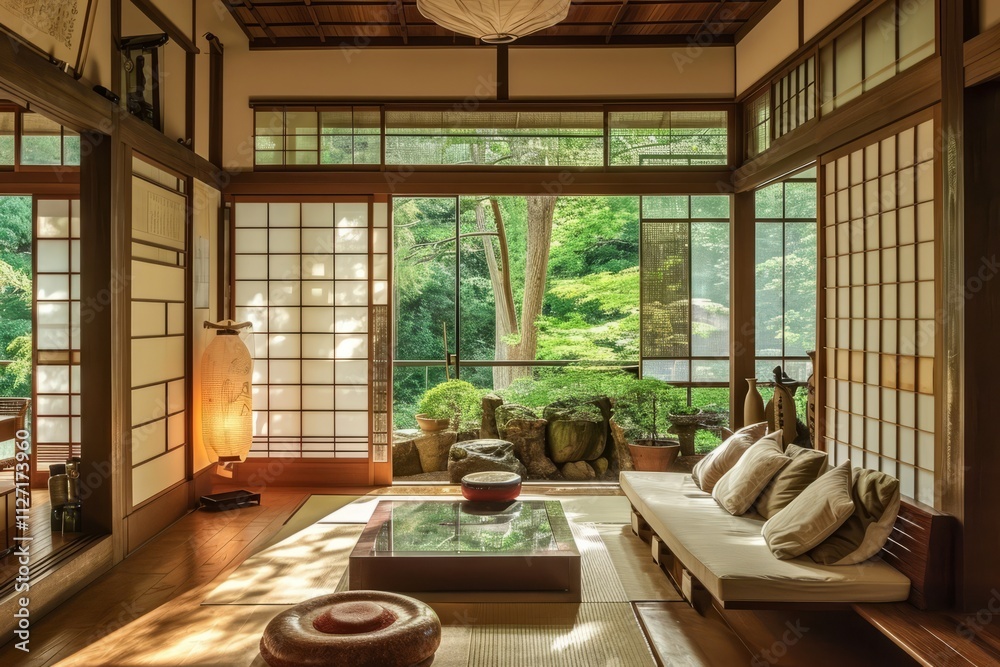 Sunlight illuminates a serene japanese room featuring tatami mats, low tables, and open shoji screens, showcasing traditional minimalist design Sunlight illuminates a serene japanese room featuring tatami mats, low tables, and open shoji screens, showcasing traditional minimalist design