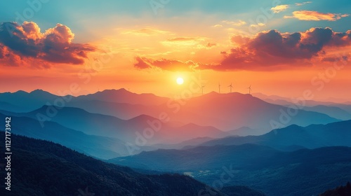 Breathtaking Sunset Over Mountain Range with Wind Turbines Silhouetted Against Vibrant Sky, Natural Beauty and Renewable Energy Concept