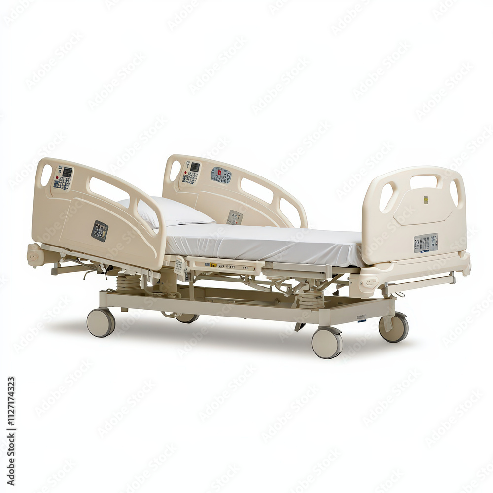 Hospital bed with adjustable features and wheels for mobility. Ideal for medical settings, providing comfort and for patients during recovery