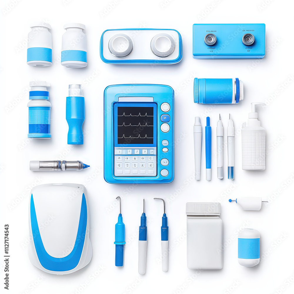 Medical equipment arranged in flat lay style, featuring various blue and white tools, devices, and containers. This showcases essential medical supplies for healthcare professionals Medical equipment arranged in flat lay style, featuring various blue and white tools, devices, and containers. This showcases essential medical supplies for healthcare professionals
