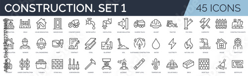 Set of 45 outline icons related to construction. First set. Linear icon collection. Editable stroke. Vector illustration	