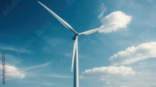 Majestic Wind Turbine Against a Bright Blue Sky with Fluffy White Clouds, Symbolizing Renewable Energy and Sustainable Future for Clean Environment