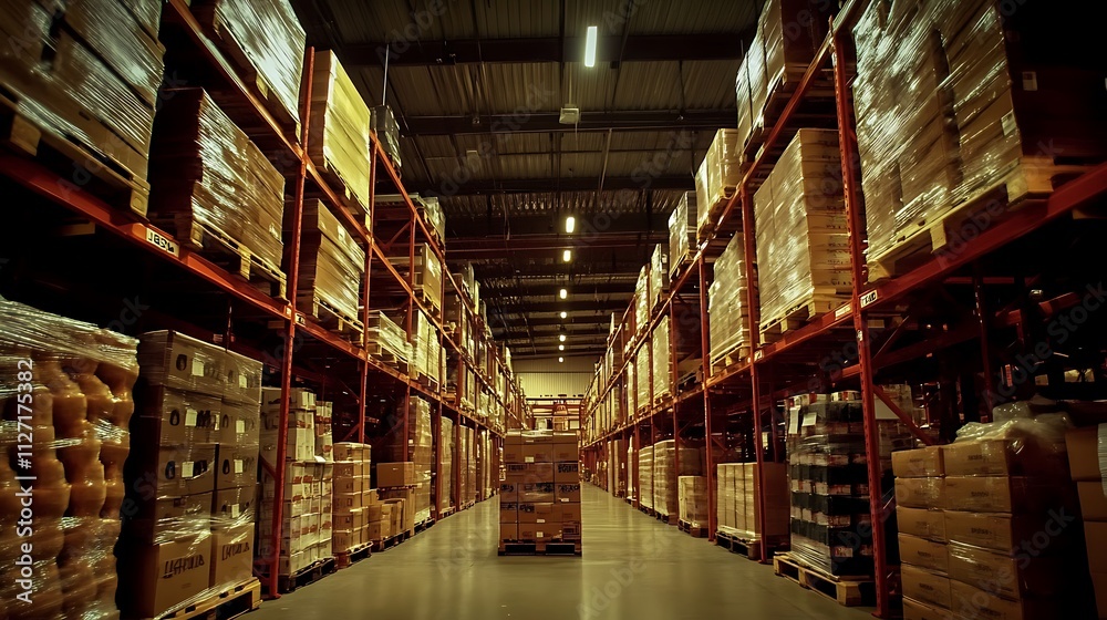 Warehouse Interior: Rows of Pallets and Boxes in a Large Distribution Center Warehouse Interior: Rows of Pallets and Boxes in a Large Distribution Center