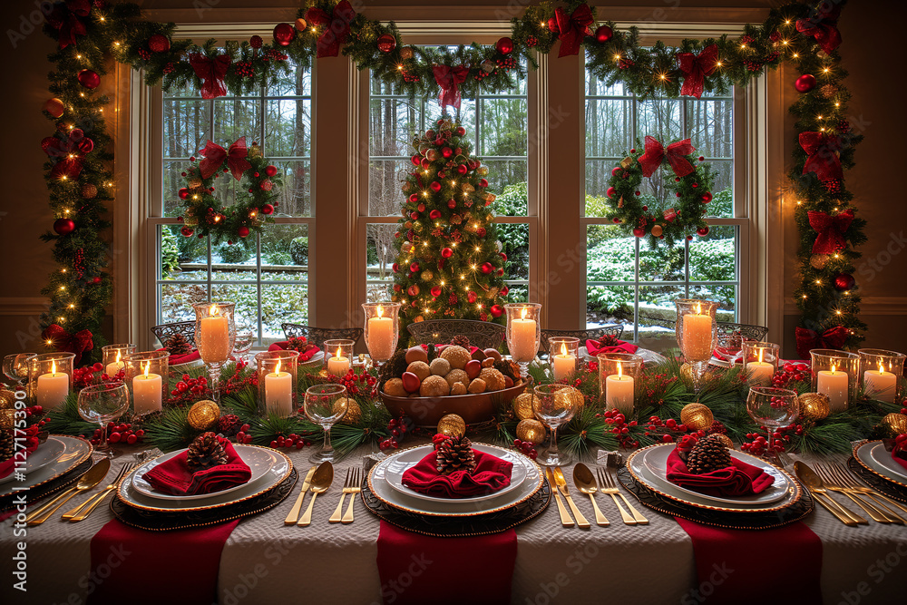 A table is set for a Christmas dinner with a tree in the background A table is set for a Christmas dinner with a tree in the background