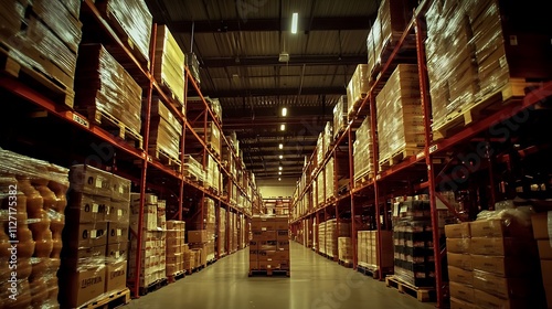 Warehouse Interior: Rows of Pallets and Boxes in a Large Distribution Center