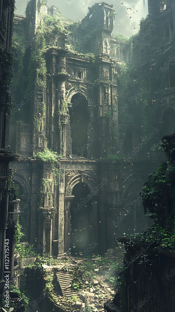 An ancient, overgrown ruin bathed in soft light, evoking a sense of mystery and history. An ancient, overgrown ruin bathed in soft light, evoking a sense of mystery and history.