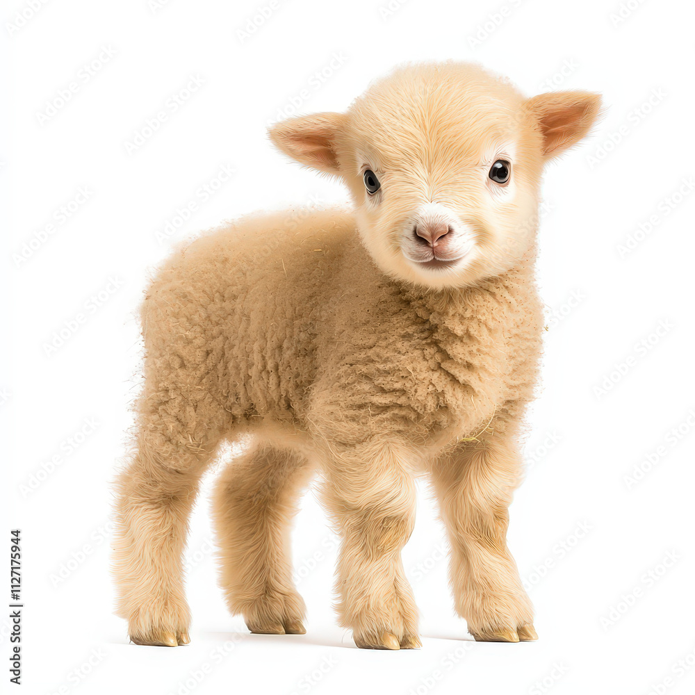 cute baby lamb with fluffy wool stands on white background, showcasing its playful nature and innocence. This adorable animal captures essence of spring and farm life cute baby lamb with fluffy wool stands on white background, showcasing its playful nature and innocence. This adorable animal captures essence of spring and farm life