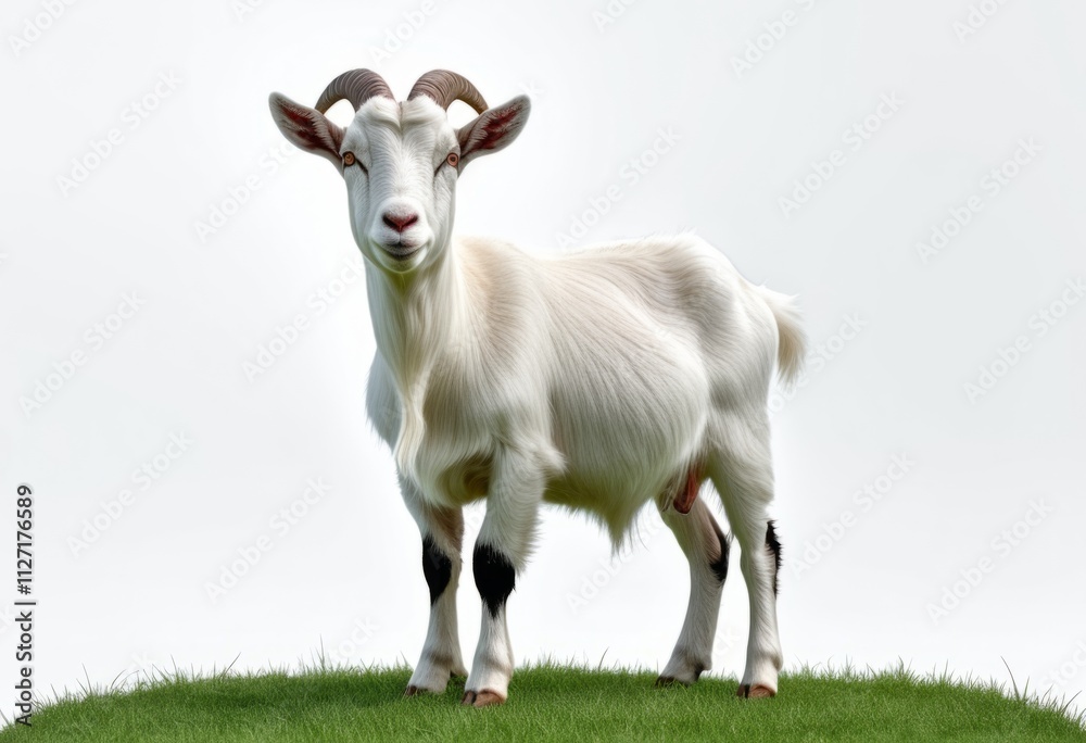 White goat stands proudly on lush green grass under a clear sky during daylight in a serene rural setting White goat stands proudly on lush green grass under a clear sky during daylight in a serene rural setting