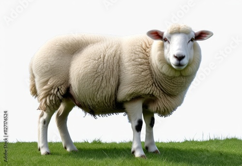 Soft woolly sheep standing on green grass in a peaceful field with bright sky in the background photo