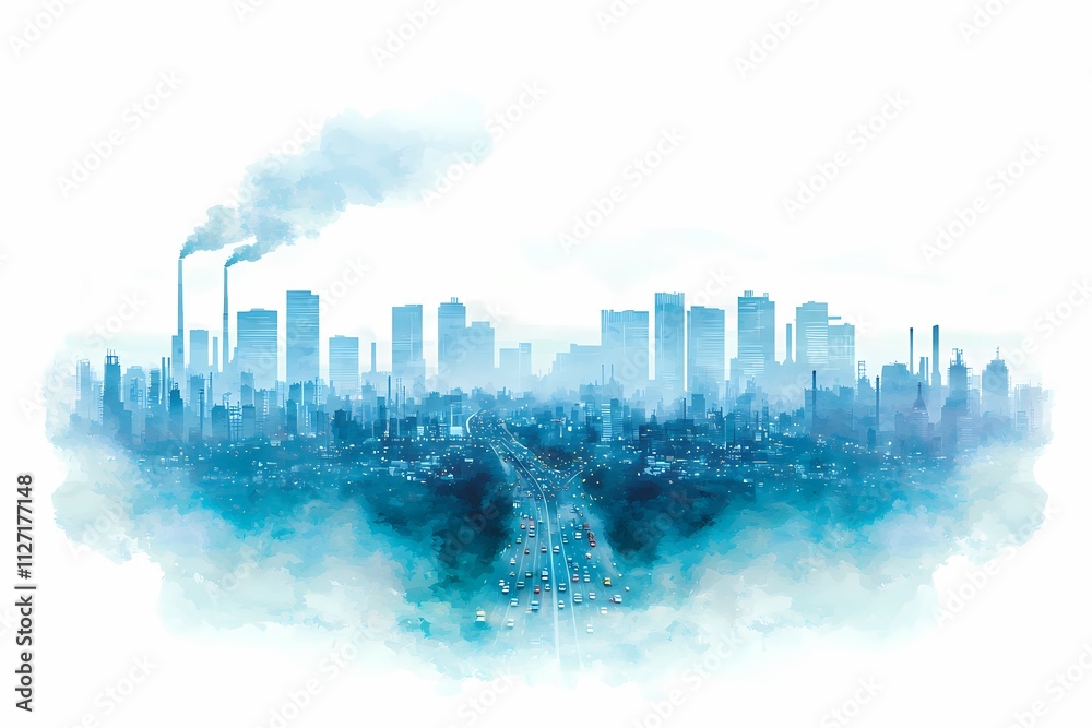 Fototapeta premium Urban Landscape with Smoky Skyscrapers and Busy Highway Traffic