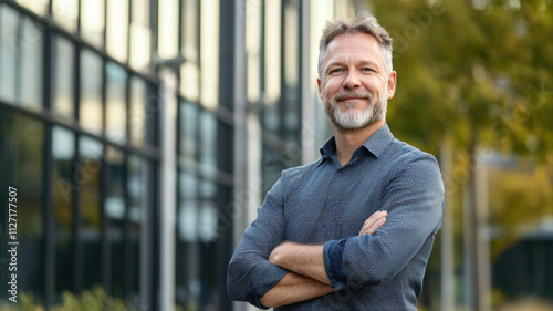 Portrait of a cheerful man with arms crossed, standing in front of a modern office building, professional yet friendly, natural light